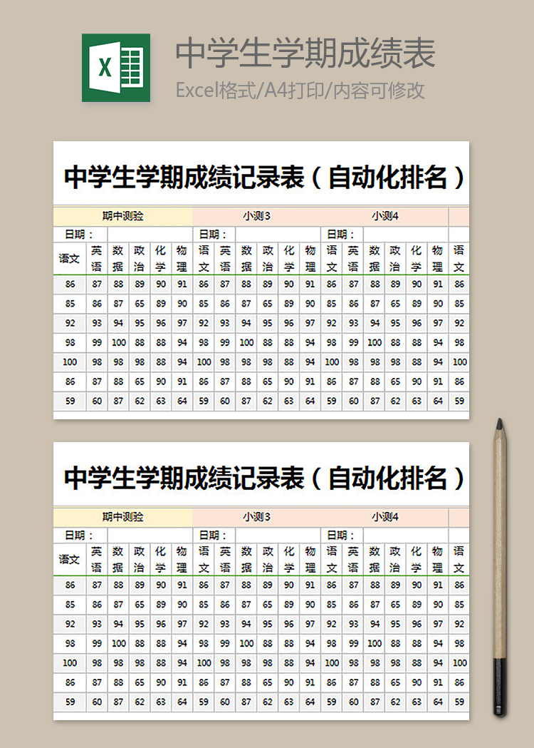 中學(xué)生學(xué)期成績記錄表