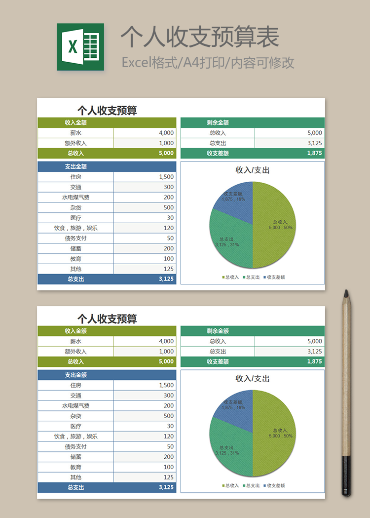 清新簡約個人收支預算表