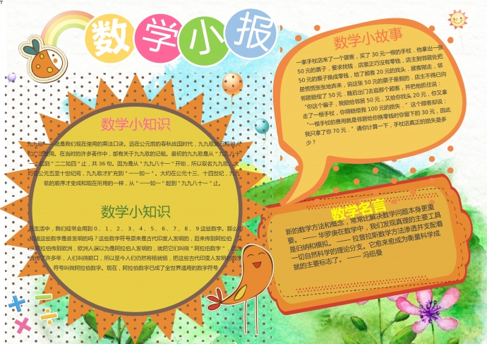 小清新太陽(yáng)樹木元素?cái)?shù)學(xué)手抄報(bào)wps