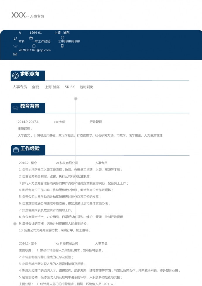 深藍(lán)色簡潔風(fēng)人力資源專員簡歷模板