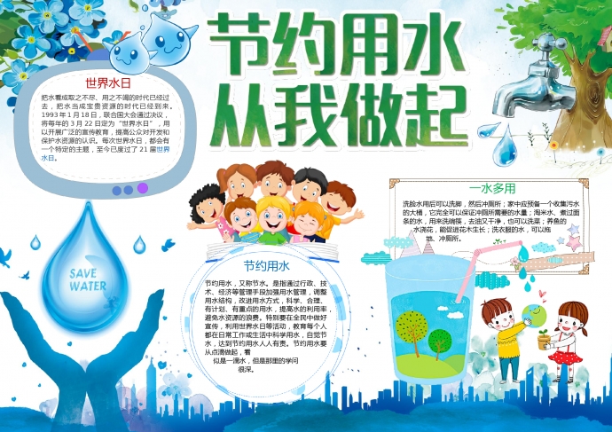 小清新藍(lán)色節(jié)約用水從我做起手抄報wps