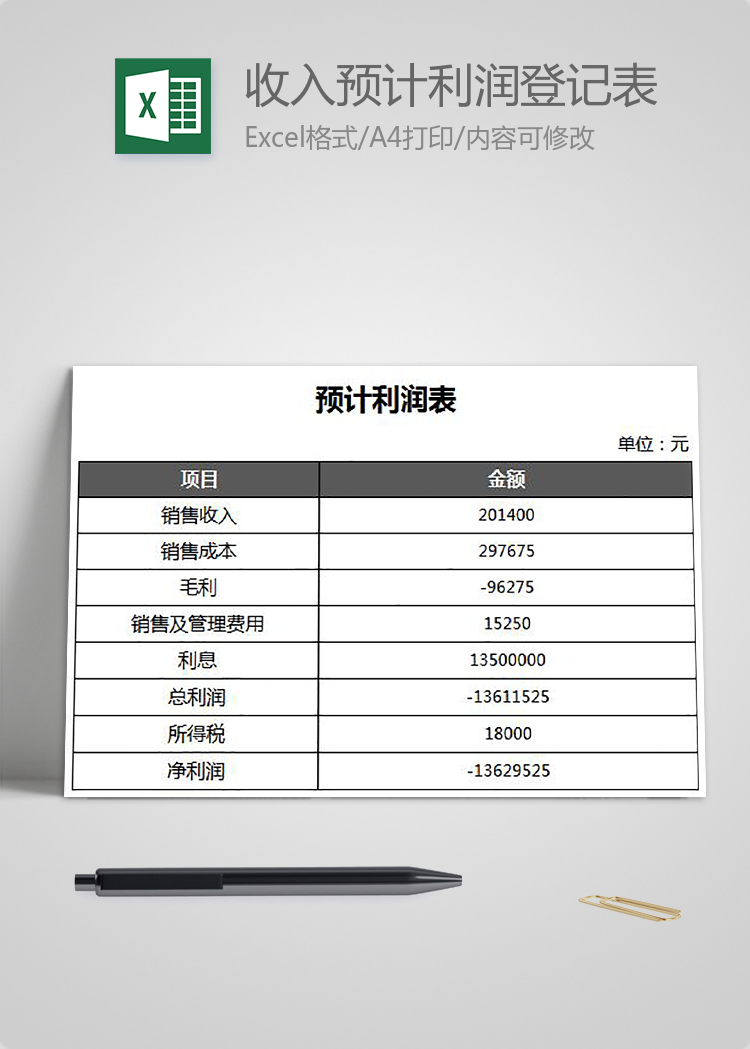 黑色實用收入預(yù)計利潤登記表