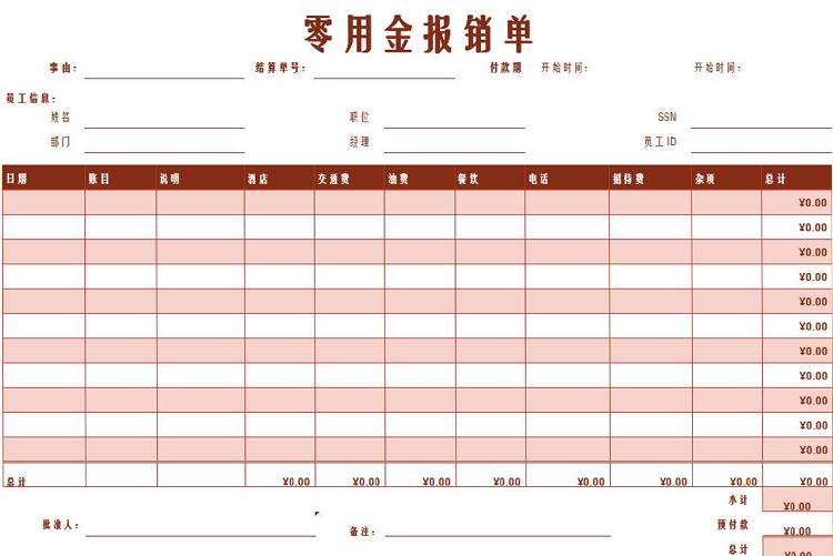 粉色風(fēng)格零用金報(bào)銷單Excel模板-1