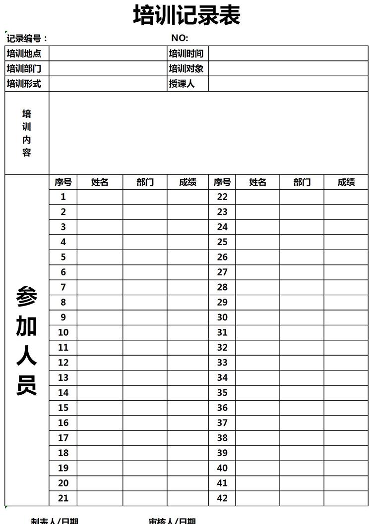 簡約常用培訓(xùn)記錄表Excel模板-1