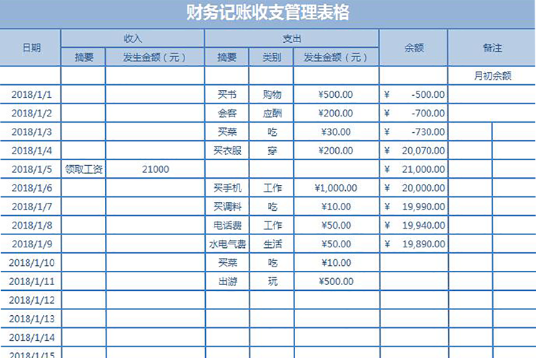 天藍色簡約風(fēng)財務(wù)記賬收支管理表格excel模板-1