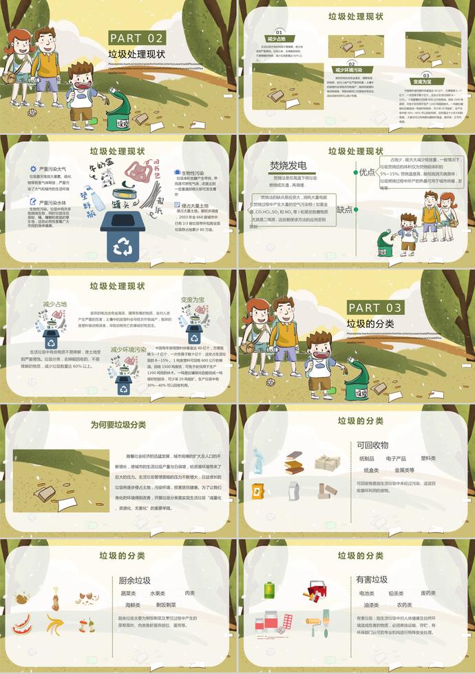 墨綠黃卡通風格垃圾分類愛護環境介紹PPT模板-1