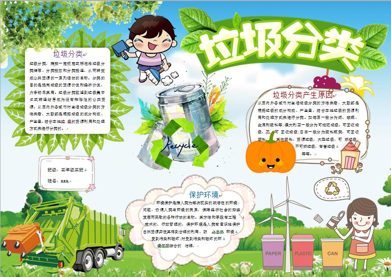 綠色清新植物垃圾分類手抄報