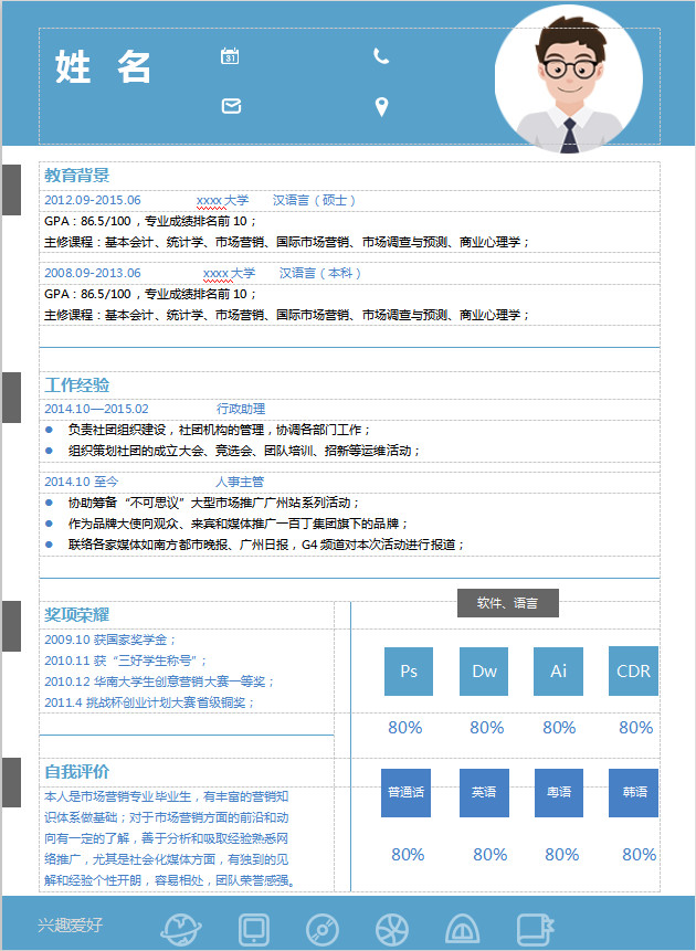 天空藍(lán)時(shí)尚風(fēng)人事主管應(yīng)屆生簡(jiǎn)歷模板