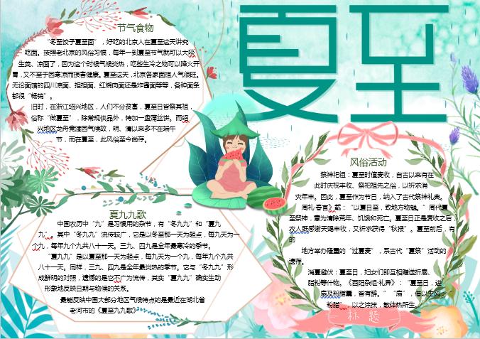 水彩清新夏至手抄報(bào)Word模板