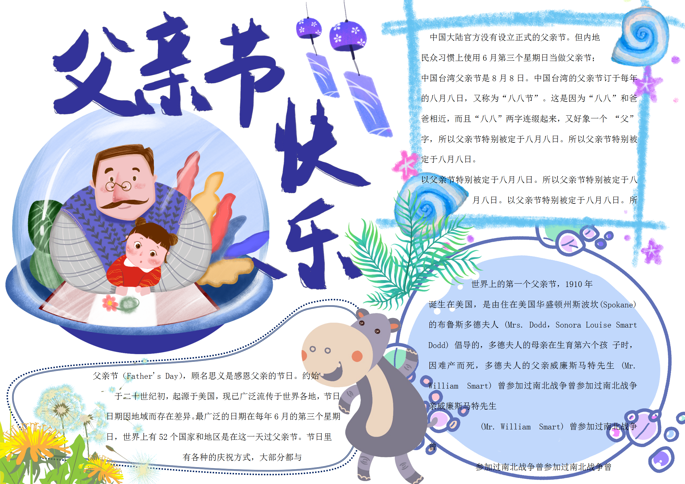 藍色父親節(jié)快樂手抄報