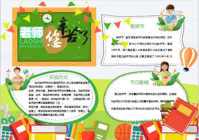 綠色清新感恩教師節師恩難忘小報手抄報