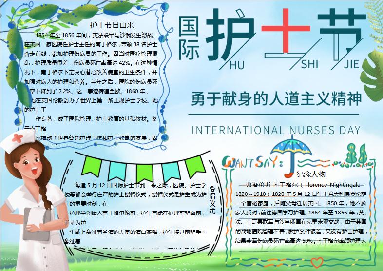 清新國(guó)際護(hù)士節(jié)手抄報(bào)Word模板