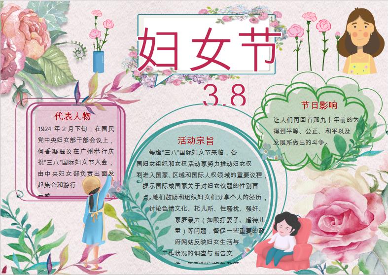 唯美清新花卉婦女節手抄報Word模板