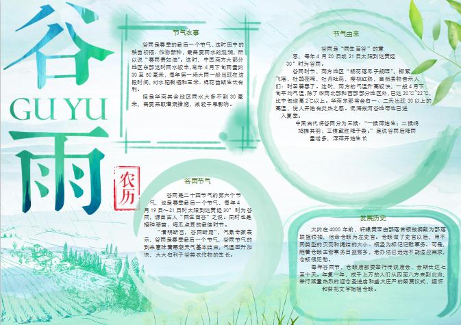水彩水墨清新谷雨手抄報Word模板