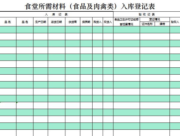 食堂所需材料入庫(kù)登記表excel模板