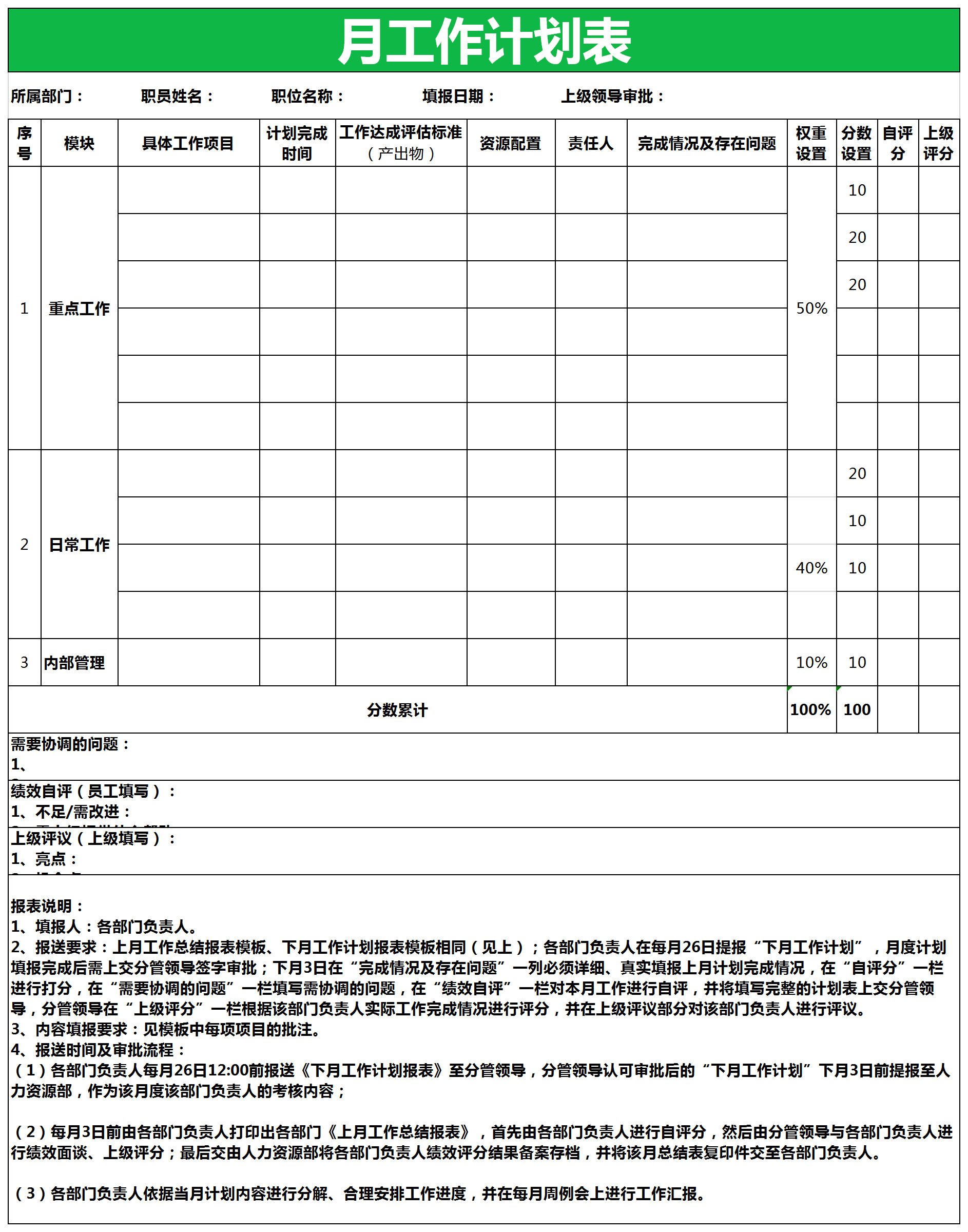 月工作計劃總結(jié)匯報表excel模板