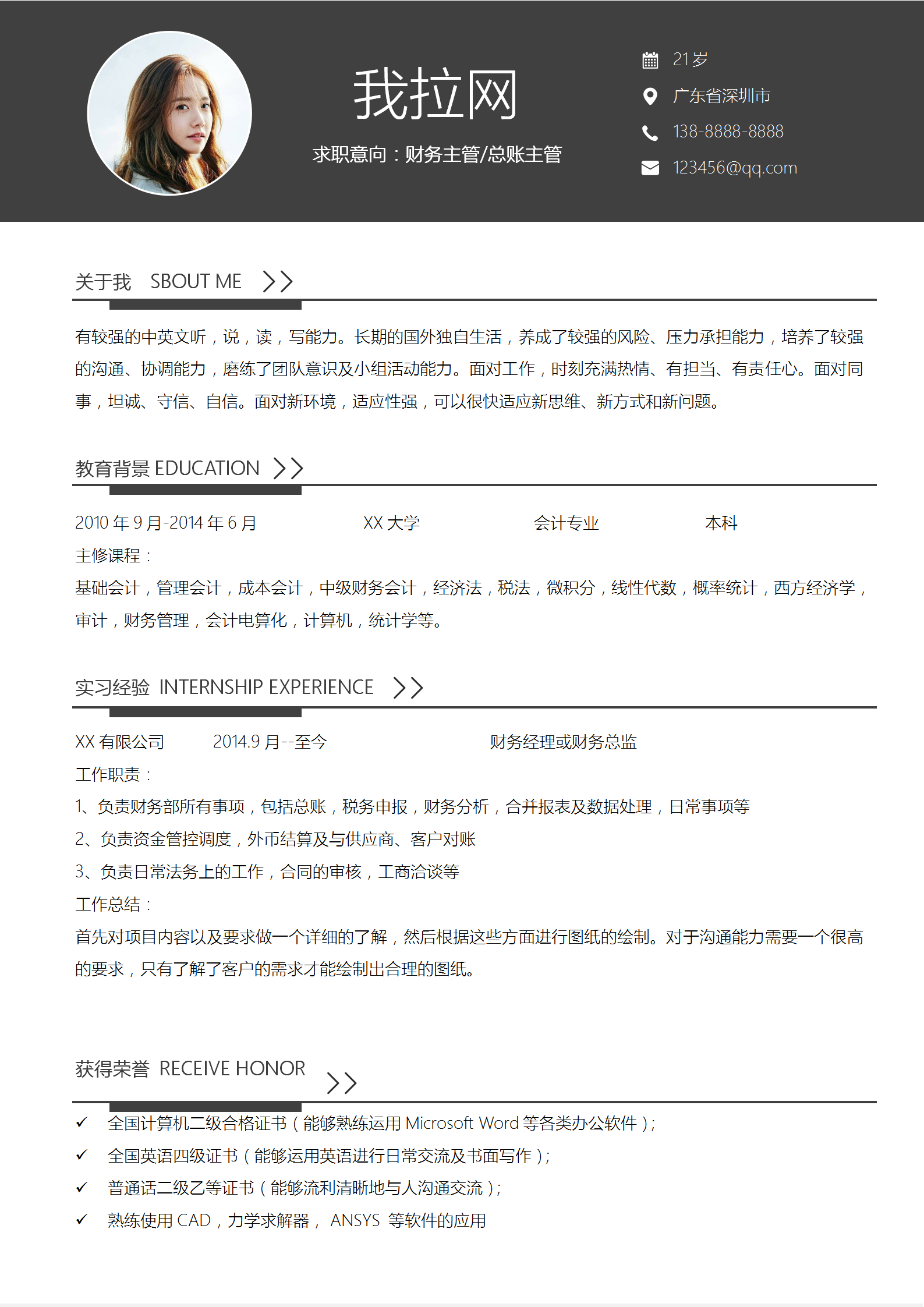 經(jīng)典黑白財務(wù)主管word簡歷