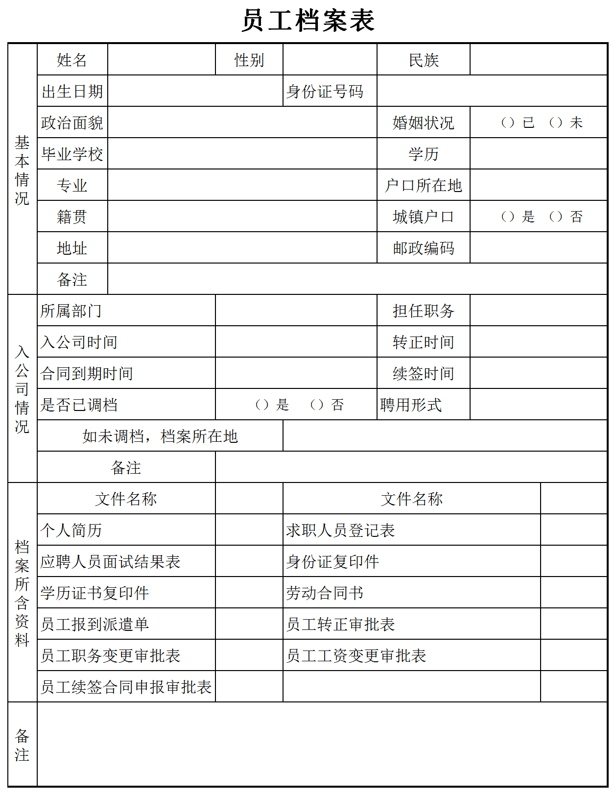 公司員工個(gè)人檔案表Excel模板