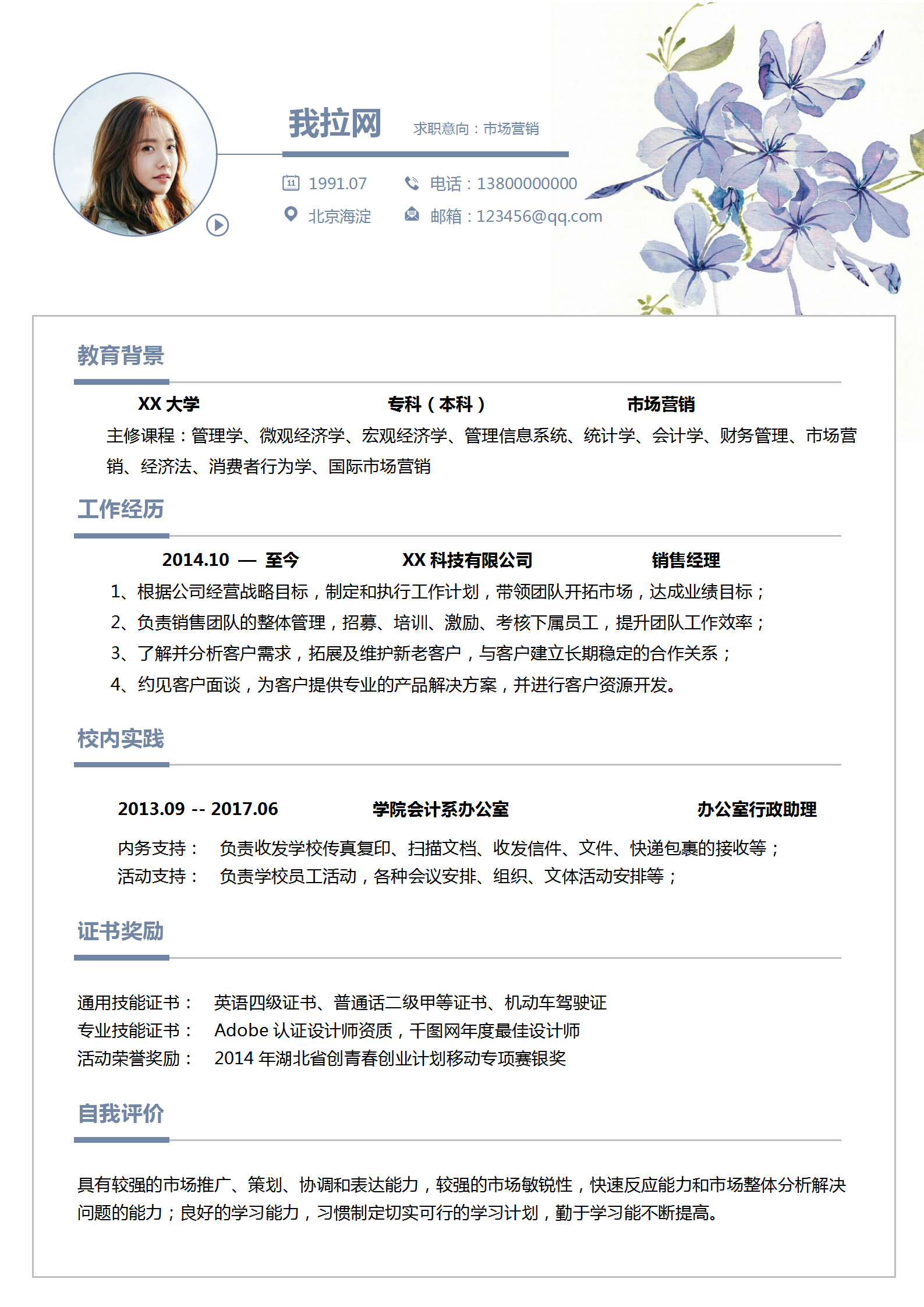 清新印花市場營銷個人簡歷模板