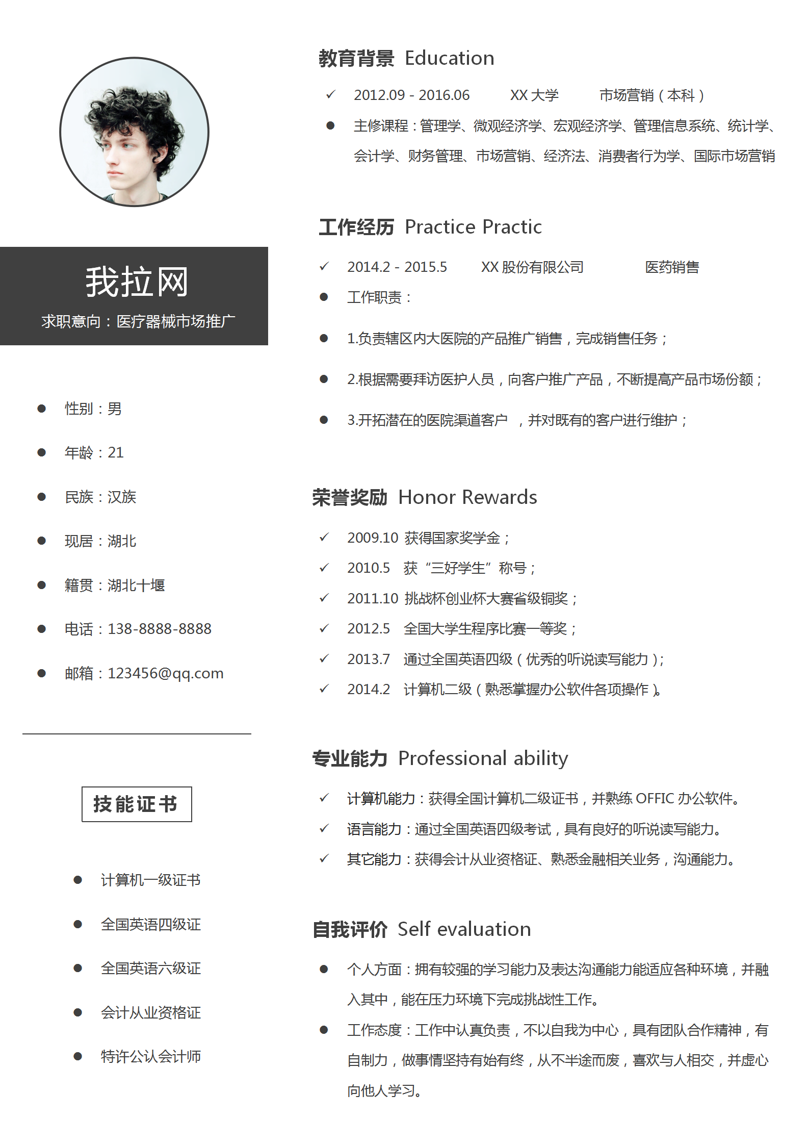 醫(yī)療器械市場推廣簡歷模板