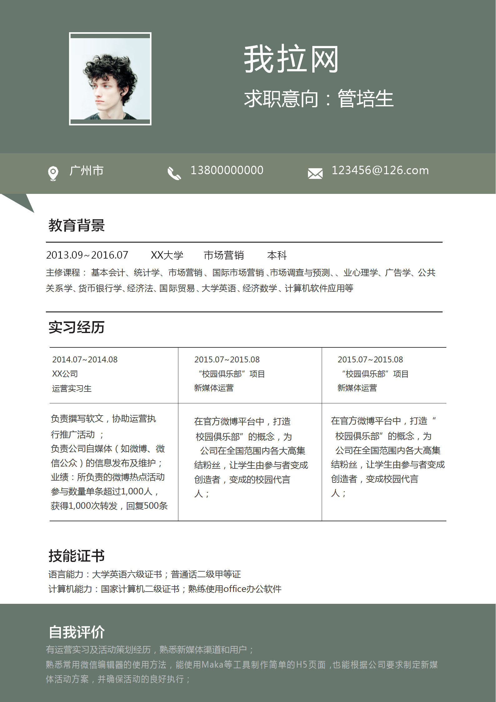 綠色應(yīng)屆生管培生求職簡歷模板