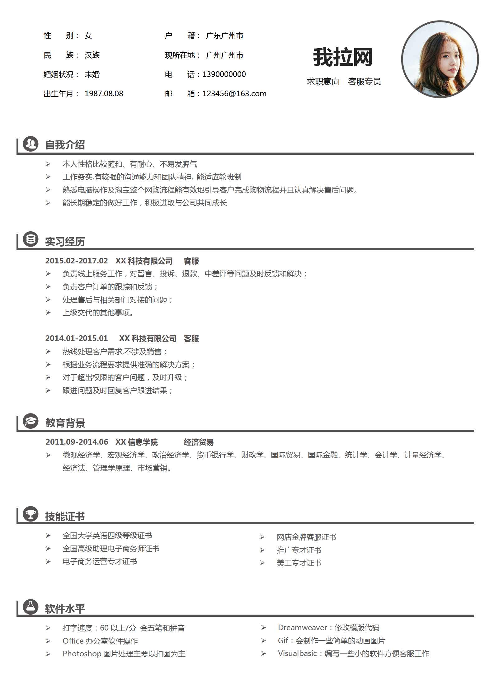 商務簡約客服專員個人簡歷