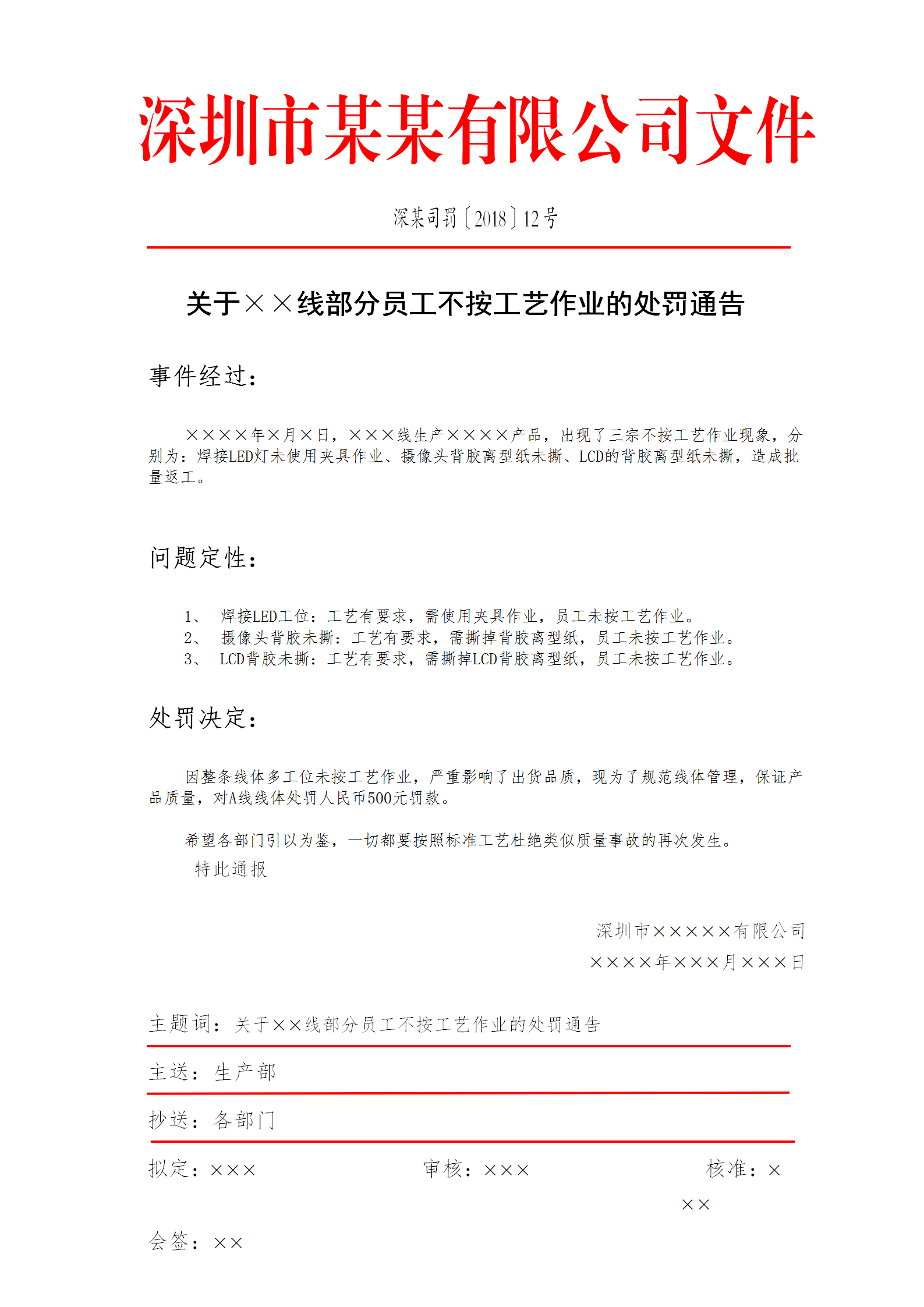 員工不按工藝作業(yè)的處罰通告模板