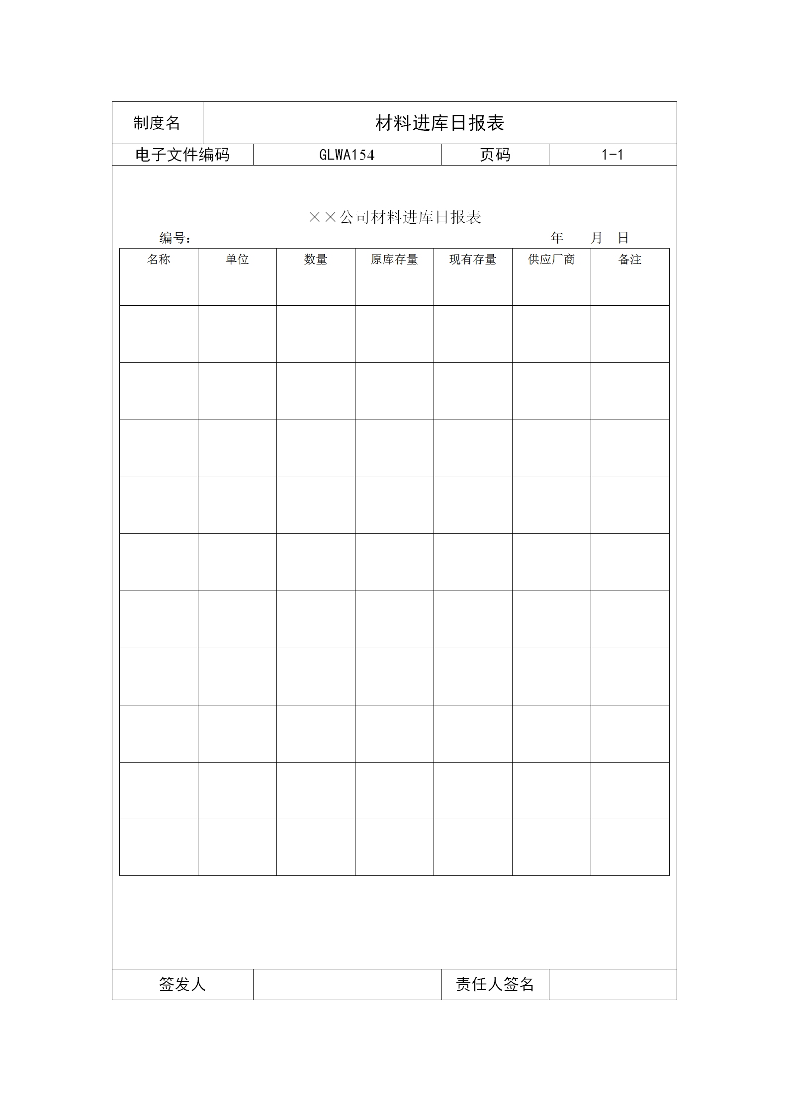 公司材料進庫日統(tǒng)計報表word模板