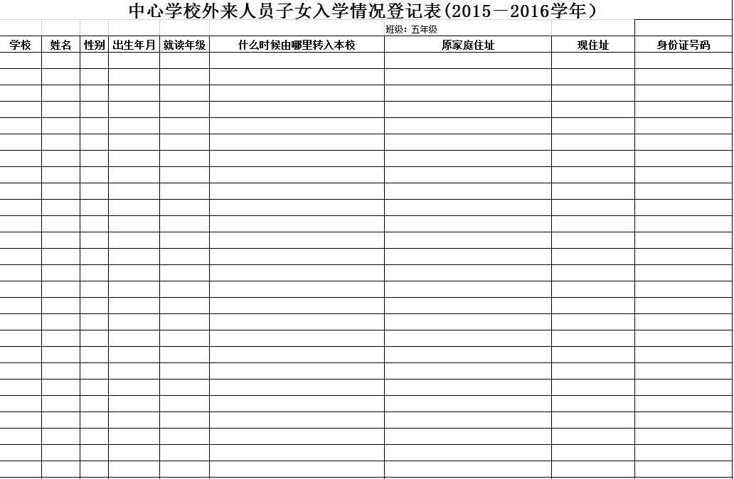 中心學(xué)校外來(lái)人員子女入學(xué)情況登記表Excel模板
