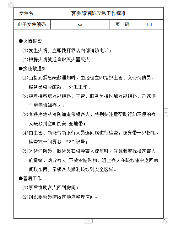 客房部消防應(yīng)急工作標(biāo)準(zhǔn)word模板