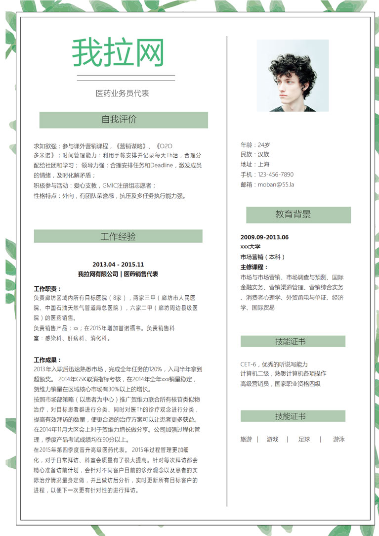 清新綠葉風格醫(yī)藥業(yè)務(wù)員代表簡歷模板-1