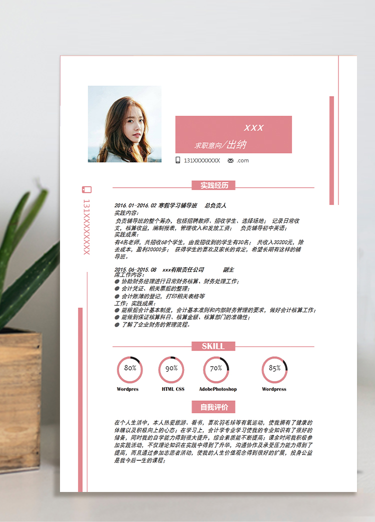 粉紅色創(chuàng)意風(fēng)財(cái)務(wù)核算個人簡歷模板