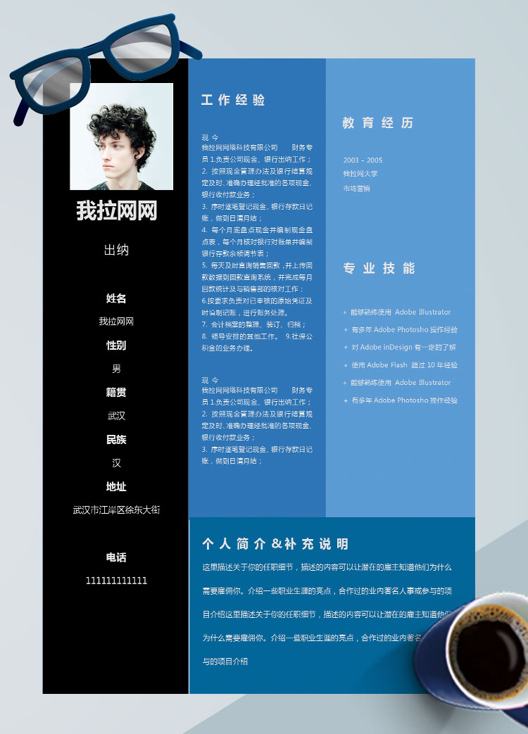 黑藍色簡約風(fēng)出納個人簡歷模板