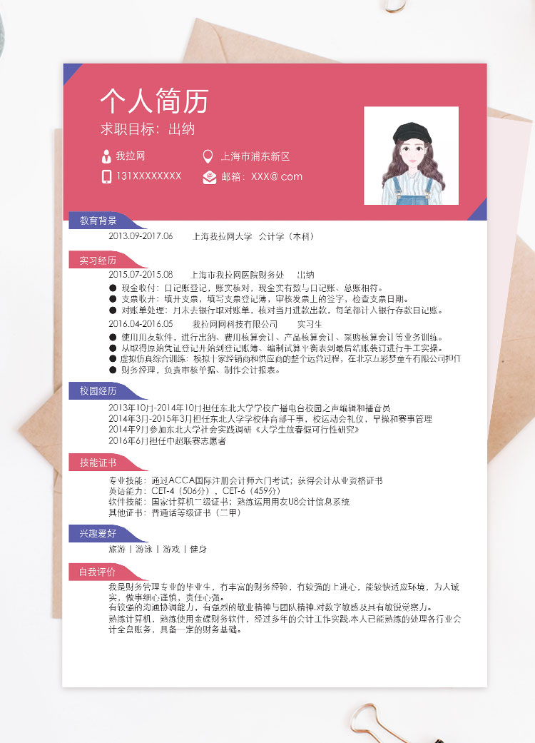 桃紅色精美財(cái)務(wù)出納個(gè)人簡(jiǎn)歷模板