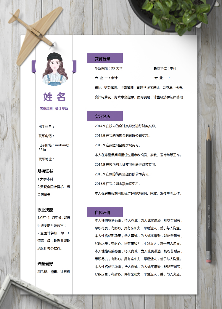 茄皮紫簡約風(fēng)會計個人簡歷模板
