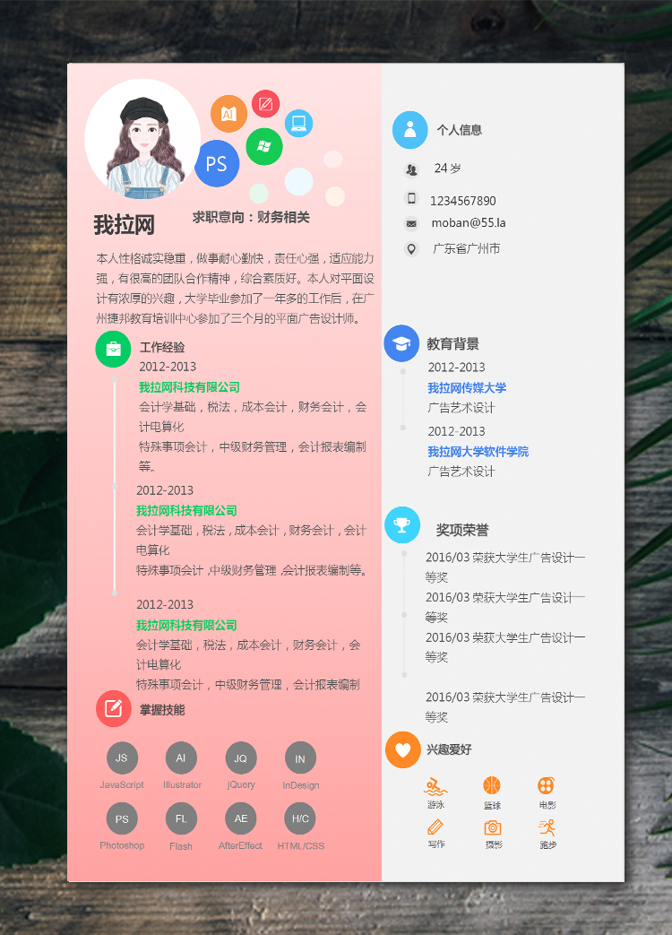粉色系創(chuàng)意風格財務(wù)職位簡歷模板