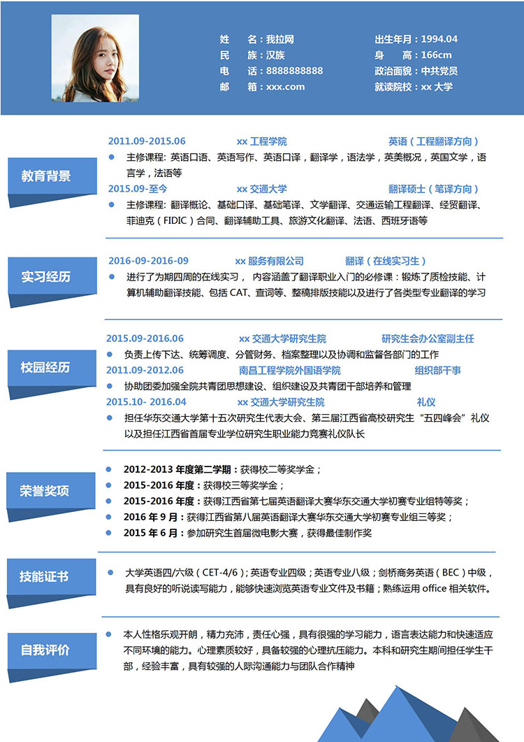 蔚藍(lán)色精簡(jiǎn)應(yīng)屆研究生簡(jiǎn)歷模板-1