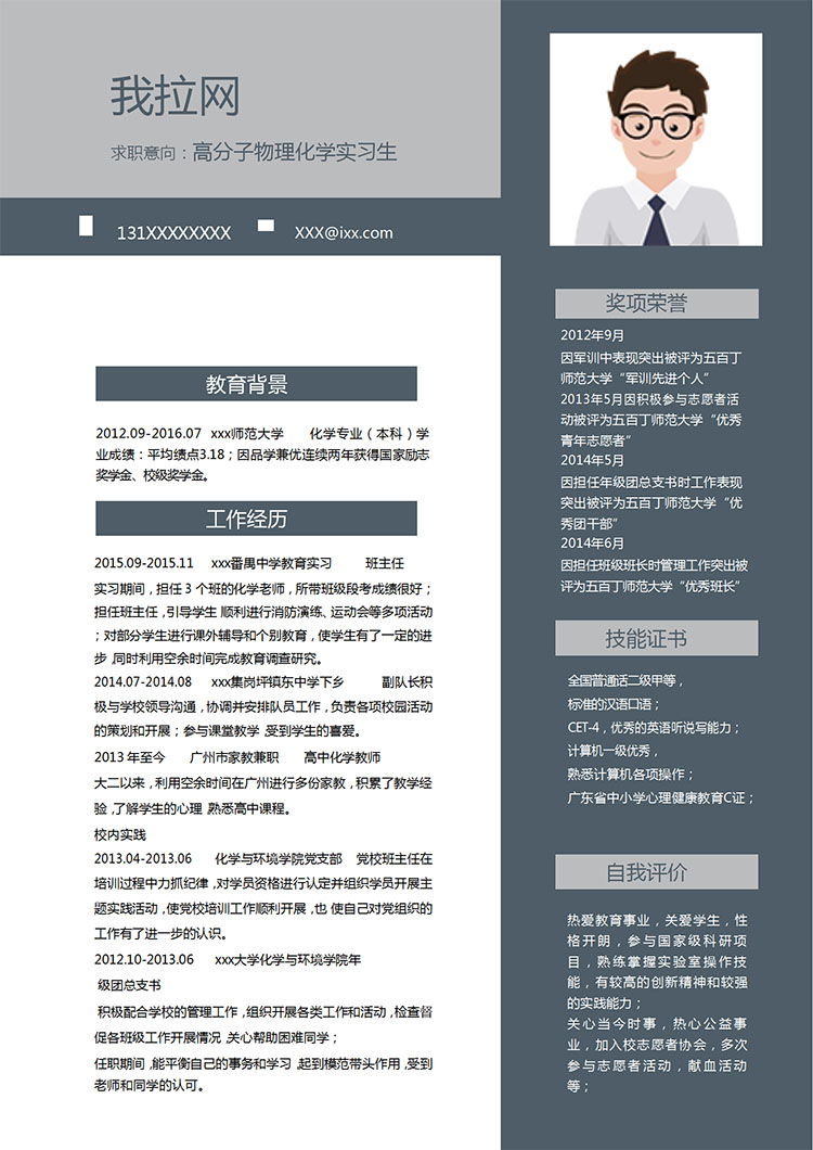 深灰色簡潔風(fēng)物理化應(yīng)屆畢業(yè)生簡歷模板-1