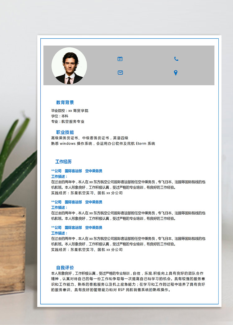 灰色簡約風應聘空乘應屆生簡歷