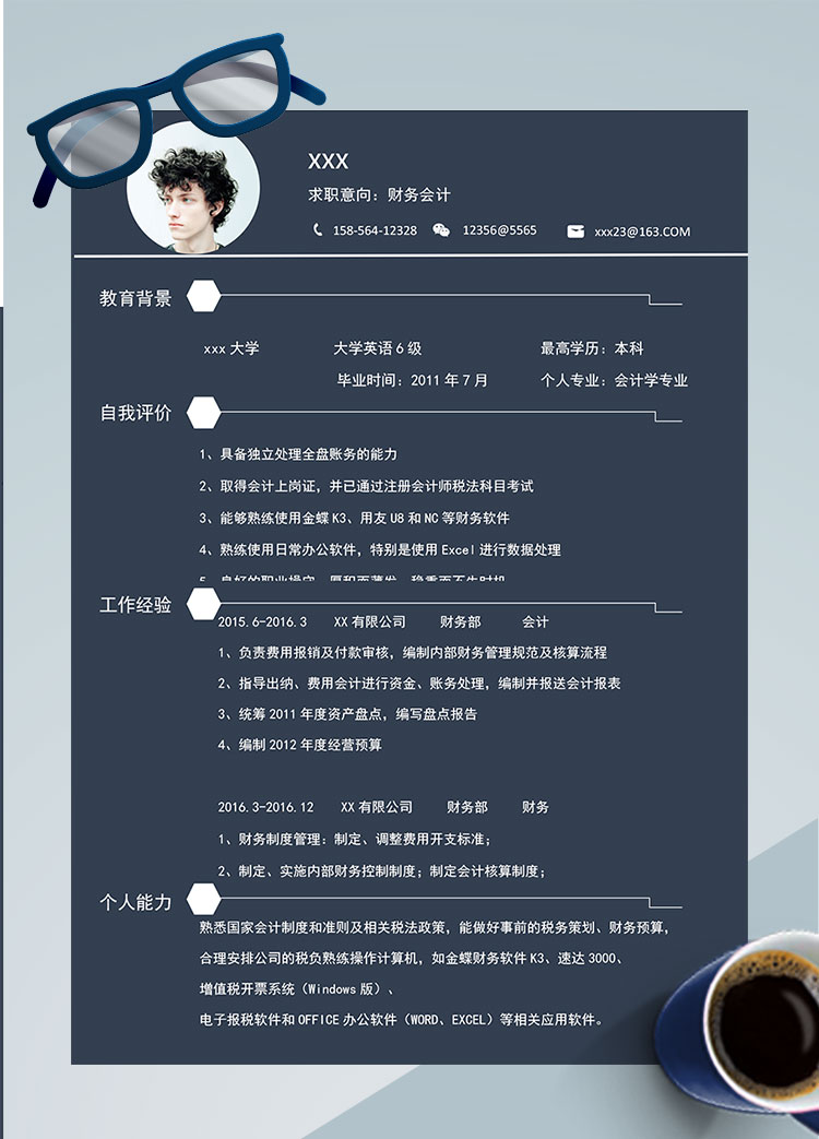 深藍(lán)色大氣風(fēng)格會(huì)計(jì)個(gè)人簡(jiǎn)歷模板