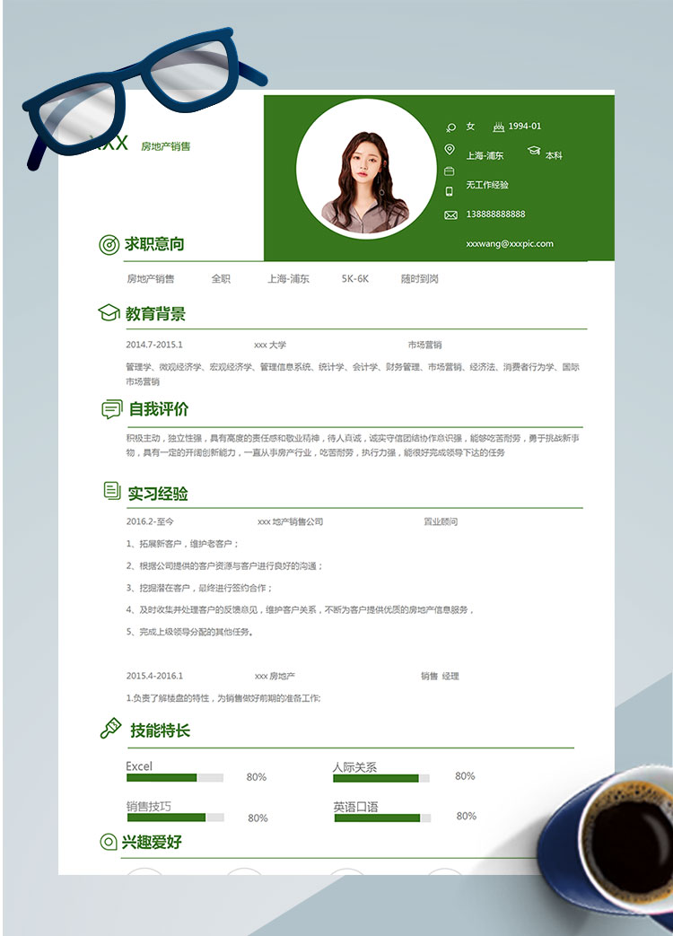 綠色大方房地產(chǎn)銷售個(gè)人簡(jiǎn)歷模板