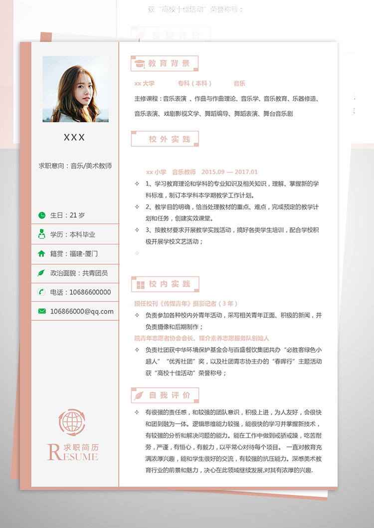 小學(xué)音樂教師本科畢業(yè)個(gè)人簡(jiǎn)歷模板-1