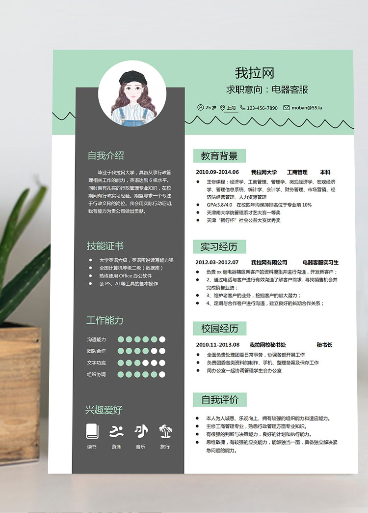 藍(lán)優(yōu)雅綠經(jīng)典風(fēng)格電器客服簡歷模板