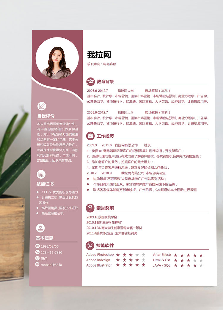 粉紅色時尚創(chuàng)意風(fēng)電器客服簡歷模板