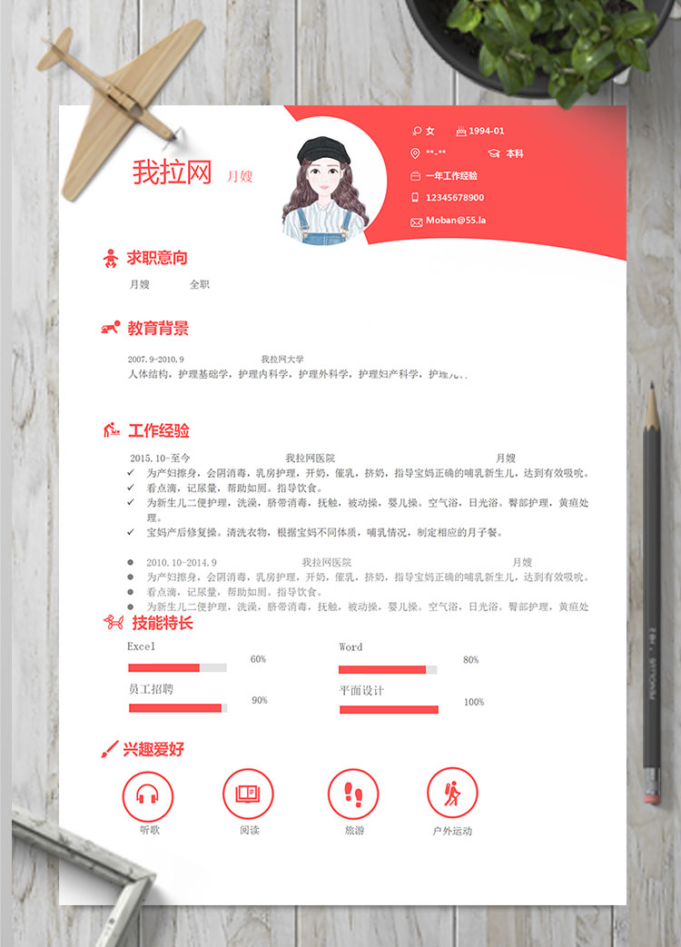 櫻桃紅精美風(fēng)格月嫂個(gè)人簡歷模板
