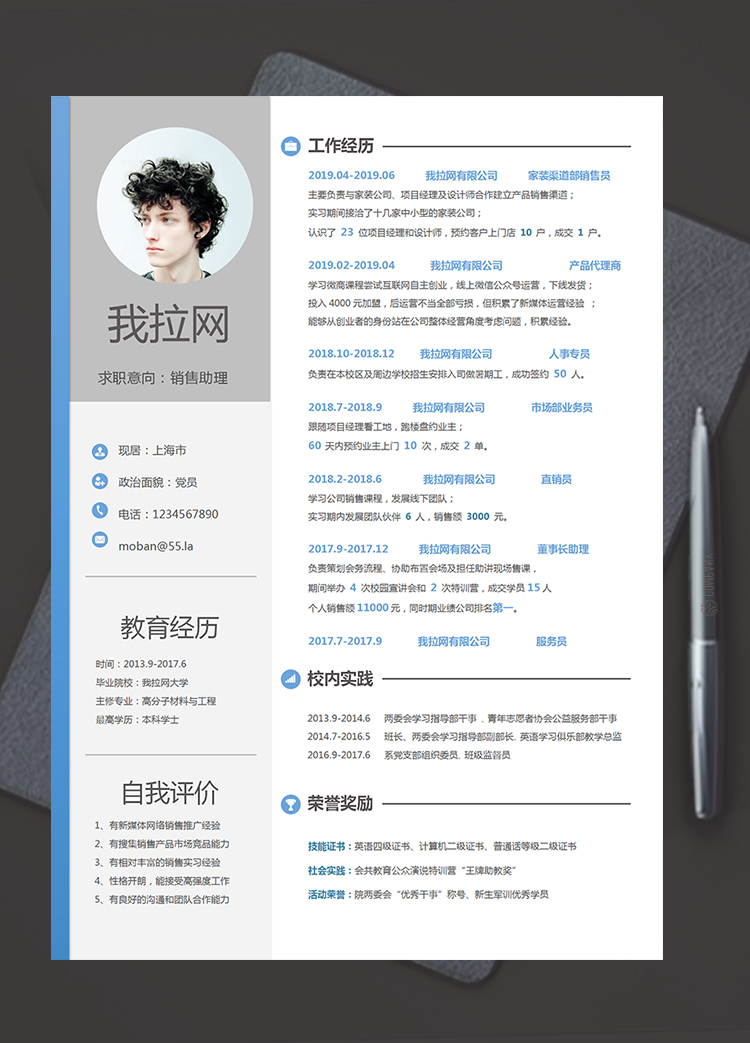 藍(lán)灰簡約大氣風(fēng)銷售助理個(gè)人求職簡歷模板