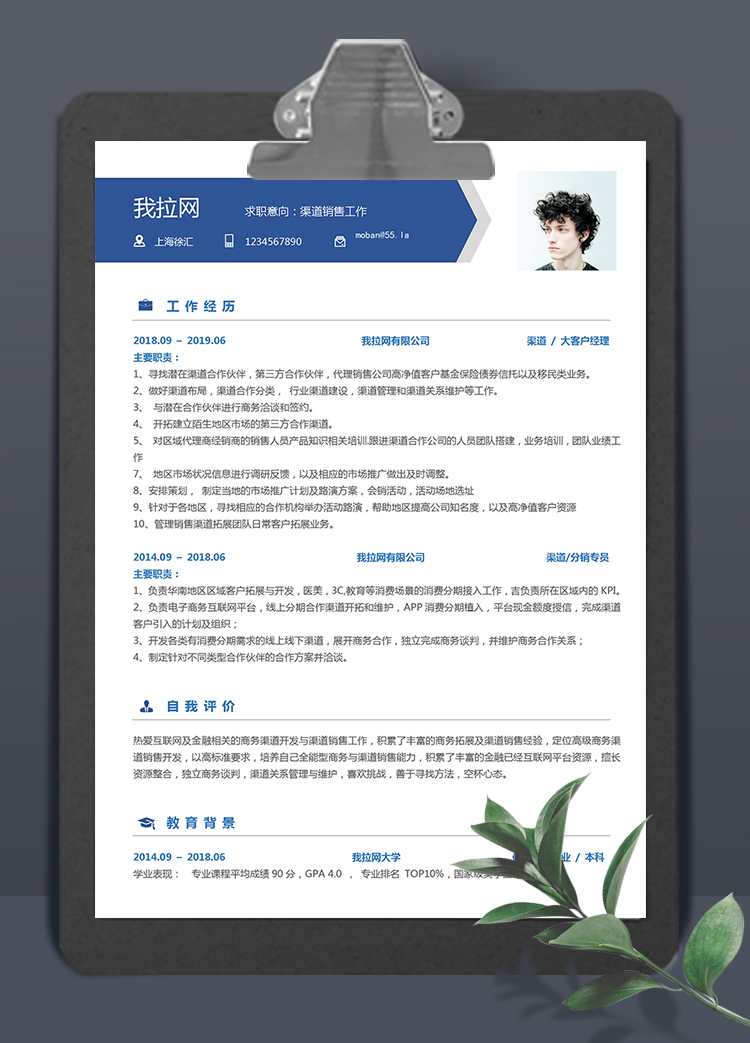 創(chuàng)意簡潔藍風渠道銷售個人求職簡歷模板
