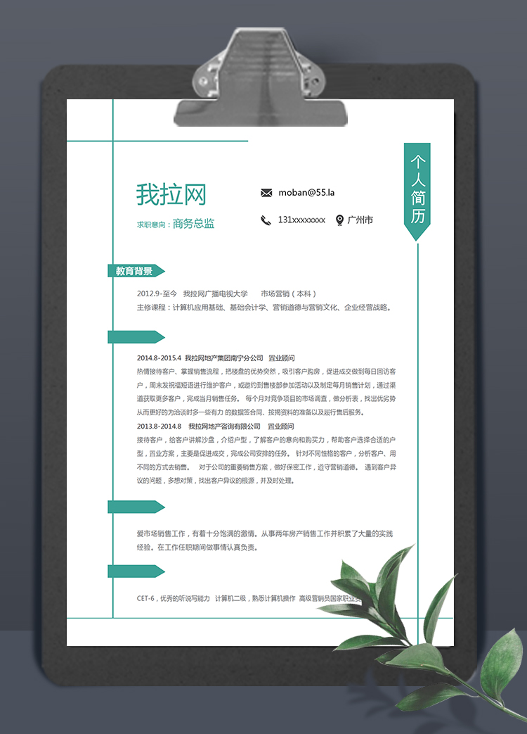 綠線條簡(jiǎn)潔大方風(fēng)格商務(wù)總監(jiān)簡(jiǎn)歷模板