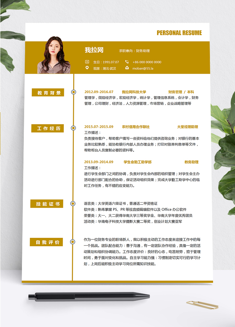 黃色簡約實用財務助理會計2年工作經(jīng)驗簡歷word模板