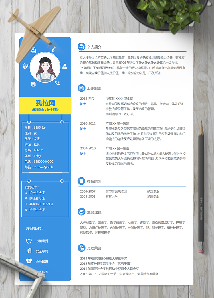 藍(lán)色明朗風(fēng)格護(hù)士護(hù)理簡(jiǎn)歷模板